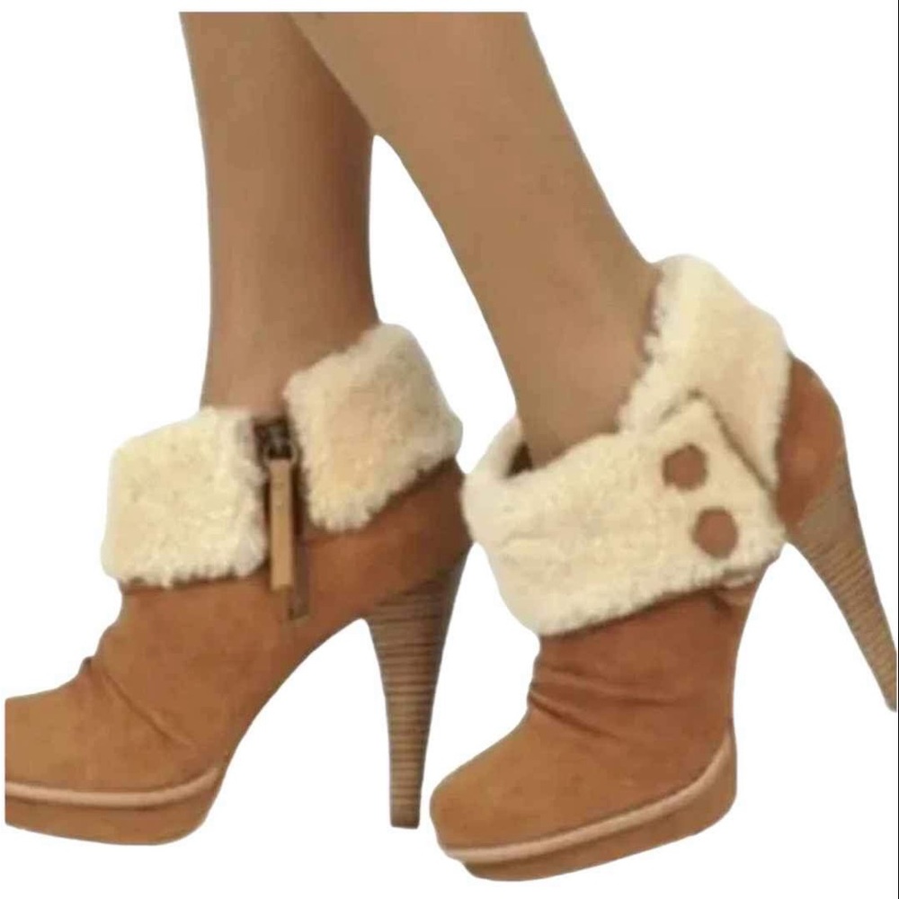 Australia Georgette chestnut high heel suede sheepskin Sherpa ankle booties